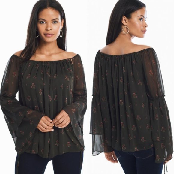 White House Black Market Tops - WHBM BOHO Green Floral Chiffon Bell Sleeve Off Shoulder Blouse Size S